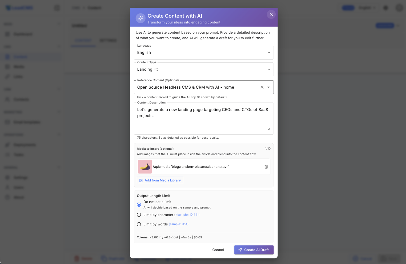 Generate a new landing page with AI - pick a content type, describe what you need, and LeadCMS produces ready-to-publish content